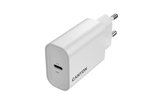 Canyon OnCharge 30CL, univerzálna cestovná nabíjačka do steny 1x USB-C, 30W PD, biela 
