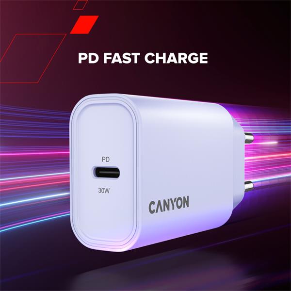 Canyon OnCharge 30CL, univerzálna cestovná nabíjačka do steny 1x USB-C, 30W PD, biela 