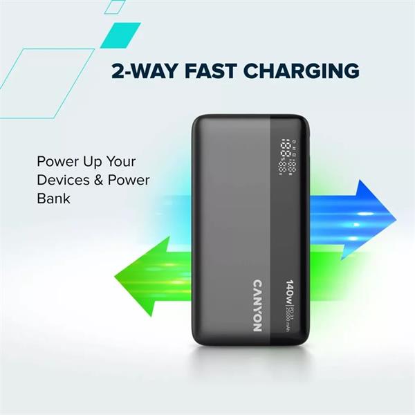 Canyon OnPower 240, Powerbank, 25.000 mAh, 140W ultra rýchla, displej, in: USB-C, out: USB-A, QC3.0/USB-C, PD 3.1, 
