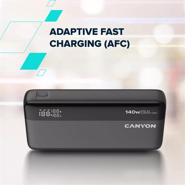 Canyon OnPower 240, Powerbank, 25.000 mAh, 140W ultra rýchla, displej, in: USB-C, out: USB-A, QC3.0/USB-C, PD 3.1, 