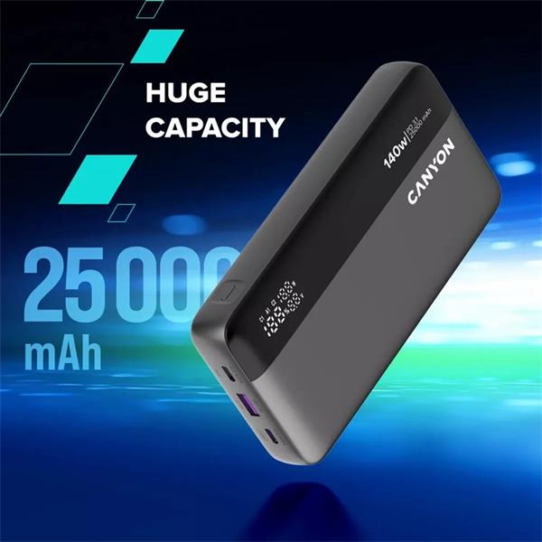 Canyon OnPower 240, Powerbank, 25.000 mAh, 140W ultra rýchla, displej, in: USB-C, out: USB-A, QC3.0/USB-C, PD 3.1, 