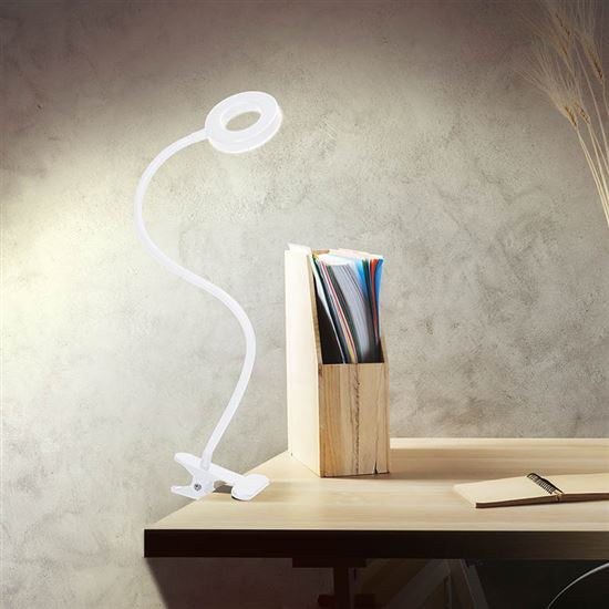 Solight LED stmievateľná stolná lampička s klipom biela, 300lm, nastaviteľná teplota svetla, USB 