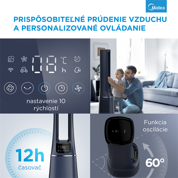 MIDEA Smart ventilátor a cisticka vzduchu bez lopatiek AMS150-PBW ,WiFi,DO,H13 HEPA filter,10 rýchlostí,ION,48m2,casovac 