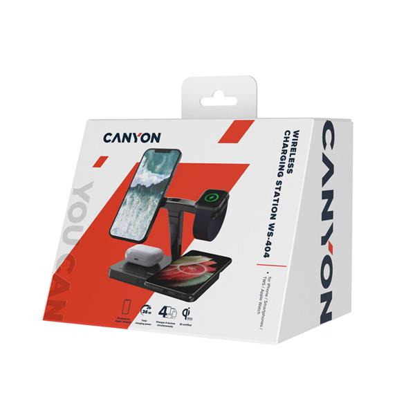Canyon WS-404, 4v1, bezdrôtová Qi nabíjacia stanica pre 4 zariadenia simultánne, čierna 