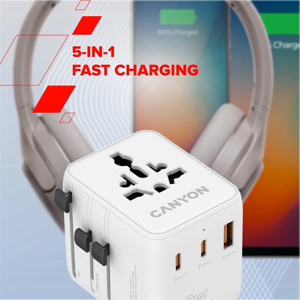 Canyon OnTour 20, univerzálny cestovný adaptér pre 200 krajín, 20W, 2x USB-C / 1x USB-A 