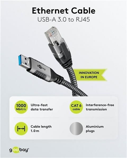 Kábel USB A 3.0 na RJ45 (Gigabit Ethernet), 1,5m, čierny/sivý 