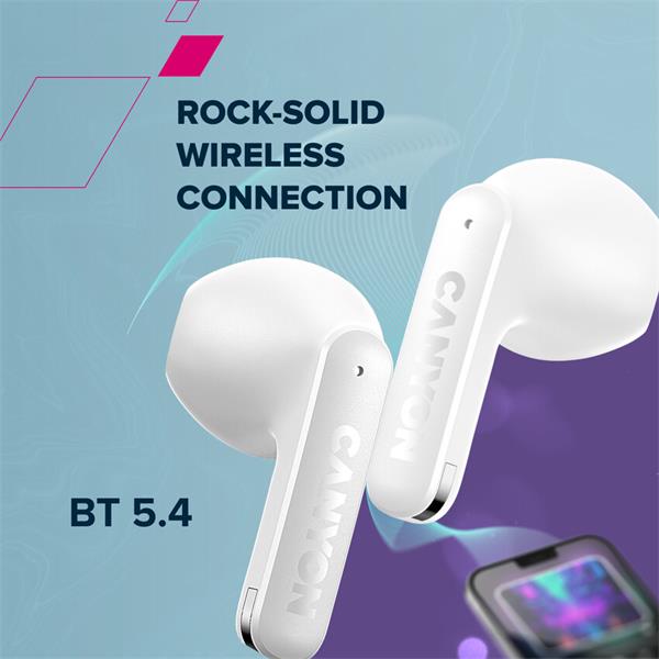 Canyon OnGo 13, TWS BT 5.4 slúchadlá do uší, USB-C nabíjanie, nabíjacia stanica, kompaktné, nízka hmotnosť, biele 