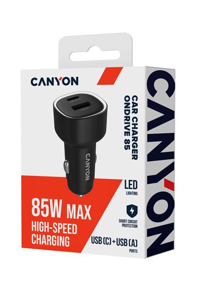 Canyon OnDrive 85, univerzálna autonabíjačka, 1x USB-C, 1x USB-A, rýchle nabíjanie, výkon 85 W 