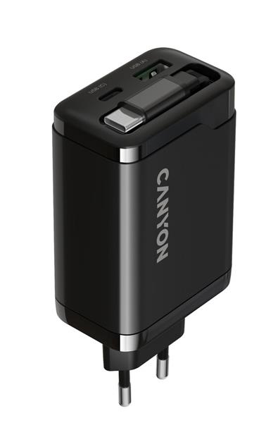 Canyon OnCharge 65RC, vysokorýchlostná univerzálna nabíjačka do steny s integrovaným 68 cm USB(C) káblom, 65W, čierna  