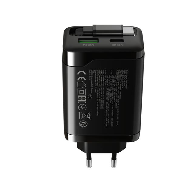 Canyon OnCharge 65RC, vysokorýchlostná univerzálna nabíjačka do steny s integrovaným 68 cm USB(C) káblom, 65W, čierna  