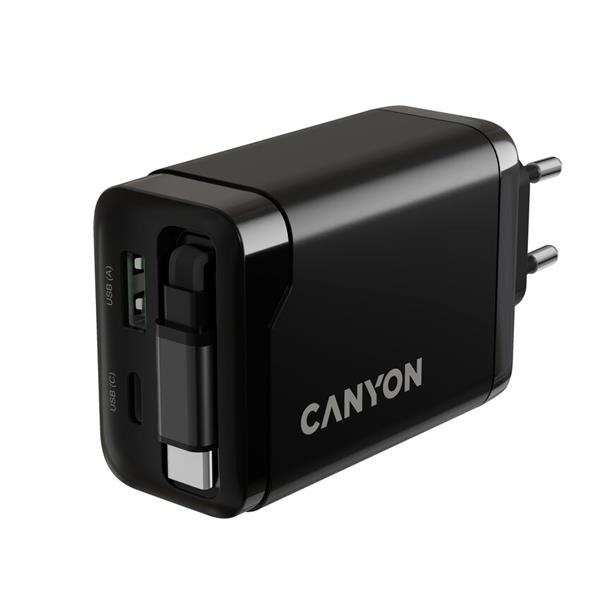 Canyon OnCharge 65RC, vysokorýchlostná univerzálna nabíjačka do steny s integrovaným 68 cm USB(C) káblom, 65W, čierna  