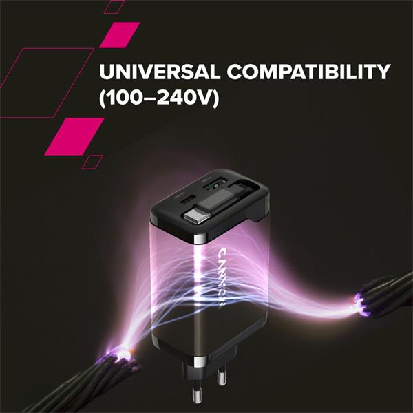 Canyon OnCharge 65RC, vysokorýchlostná univerzálna nabíjačka do steny s integrovaným 68 cm USB(C) káblom, 65W, čierna  
