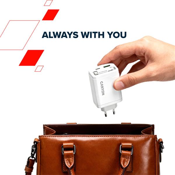 Canyon OnCharge 65RC, vysokorýchlostná univerzálna nabíjačka do steny s integrovaným 68 cm USB(C) káblom, 65W, čierna  