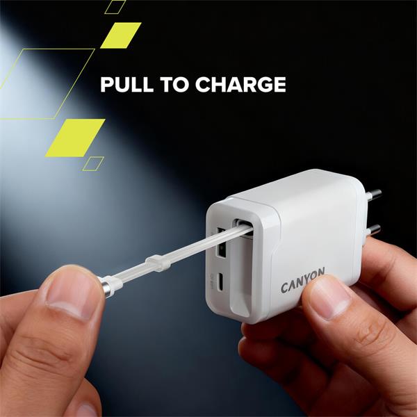Canyon OnCharge 65RC, vysokorýchlostná univerzálna nabíjačka do steny s integrovaným 68 cm USB(C) káblom, 65W, čierna  