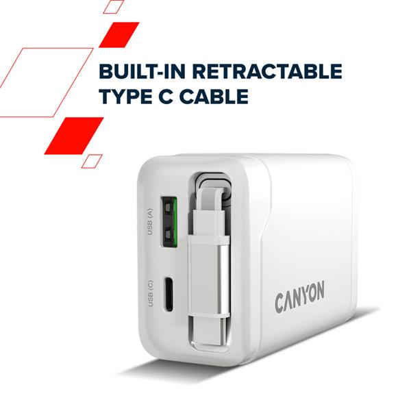 Canyon OnCharge 65RC, vysokorýchlostná univerzálna nabíjačka do steny s integrovaným 68 cm USB(C) káblom, 65W, čierna  