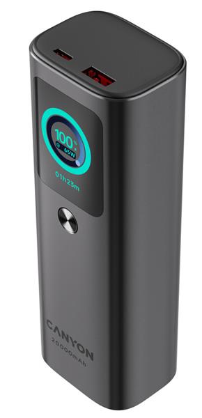 Canyon OnPower 265, Powerbank, 20.000 mAh, 165W ultra rýchla, displej, in:USB-C, out:2x USB-C/1xUSB-A, integ. USB-C káb. 