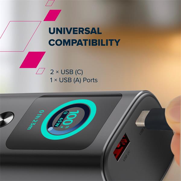 Canyon OnPower 265, Powerbank, 20.000 mAh, 165W ultra rýchla, displej, in:USB-C, out:2x USB-C/1xUSB-A, integ. USB-C káb. 
