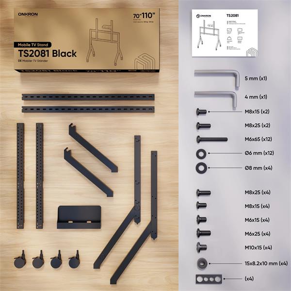ONKRON mobilný TV stojan pre 70" - 110" do 125 kg, s držiakom, čierny VESA: 200x200 - 1000x800 