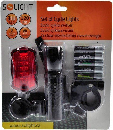 Solight sada cyklo svetiel, predné 3W LED + zadné 5x LED, 2x držiak, 5x AAA batérie 