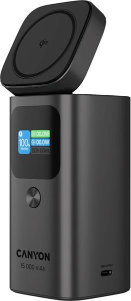 Canyon OnPower 150, Powerbank, 15.000 mAh, 100W, displej, in:USB-C, out:2x USB-C/1xUSB-A, Qi2 bezdr. nabíjanie 
