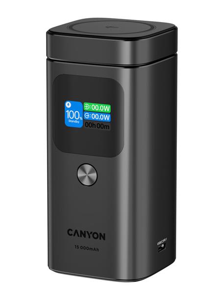 Canyon OnPower 150, Powerbank, 15.000 mAh, 100W, displej, in:USB-C, out:2x USB-C/1xUSB-A, Qi2 bezdr. nabíjanie 