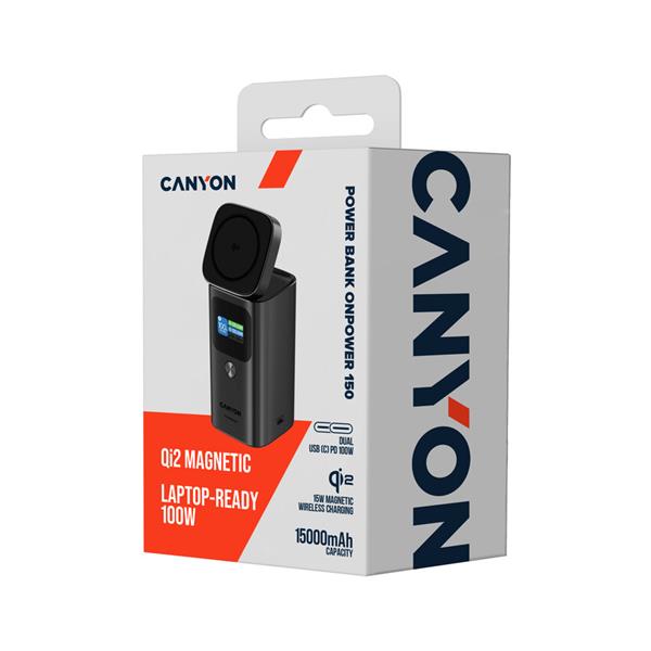 Canyon OnPower 150, Powerbank, 15.000 mAh, 100W, displej, in:USB-C, out:2x USB-C/1xUSB-A, Qi2 bezdr. nabíjanie 