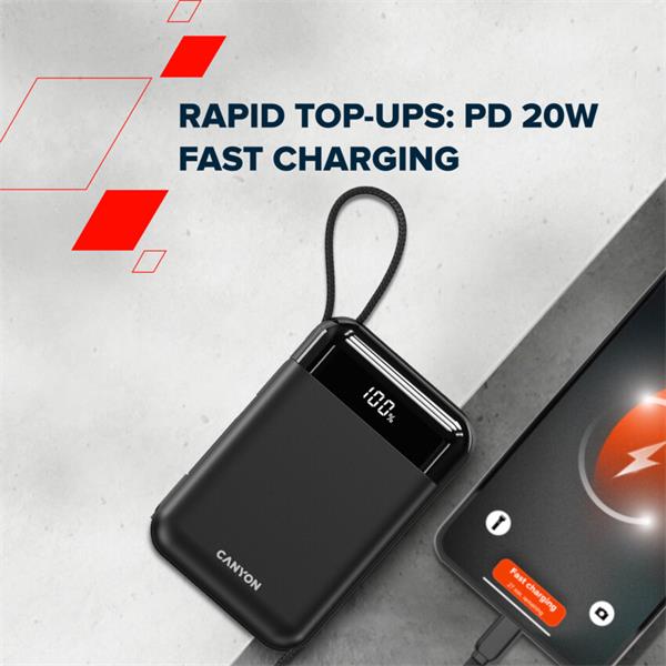 Canyon OnPower 204, Powerbanka, 20 000 mAh, 22.5 W, in/out: USB-C/USB-A, integr. káb. Ligtning+USB-C 