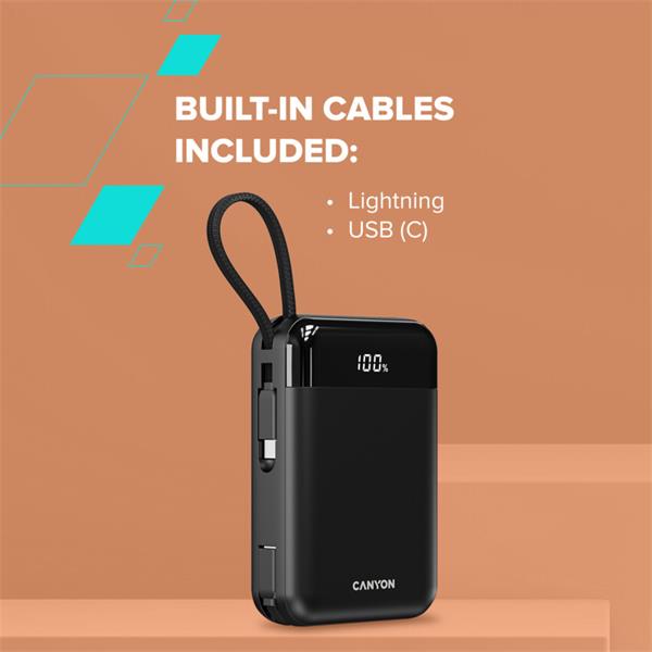 Canyon OnPower 204, Powerbanka, 20 000 mAh, 22.5 W, in/out: USB-C/USB-A, integr. káb. Ligtning+USB-C 