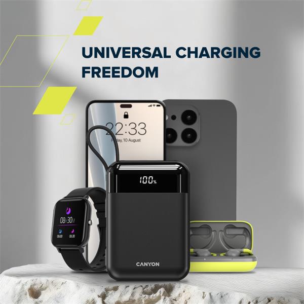 Canyon OnPower 204, Powerbanka, 20 000 mAh, 22.5 W, in/out: USB-C/USB-A, integr. káb. Ligtning+USB-C 