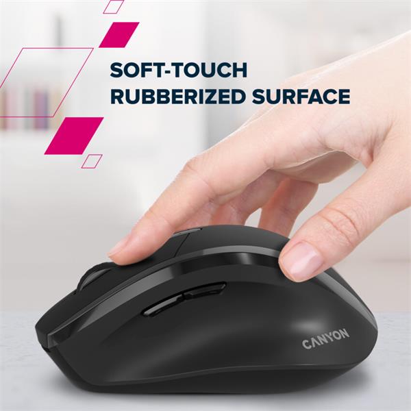 Canyon OnClick 17, ergonomická bezdrôtová optická myš pre pravákov, USB prijímač, 6 tlačidiel, 800/1200/1600 DPI, čierna 