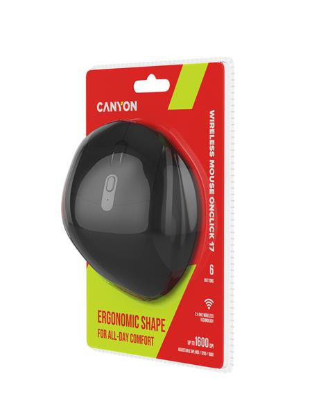 Canyon OnClick 17, ergonomická bezdrôtová optická myš pre pravákov, USB prijímač, 6 tlačidiel, 800/1200/1600 DPI, čierna 