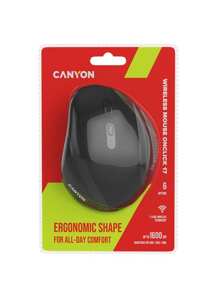 Canyon OnClick 17, ergonomická bezdrôtová optická myš pre pravákov, USB prijímač, 6 tlačidiel, 800/1200/1600 DPI, čierna 