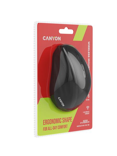 Canyon OnClick 17, ergonomická bezdrôtová optická myš pre pravákov, USB prijímač, 6 tlačidiel, 800/1200/1600 DPI, čierna 