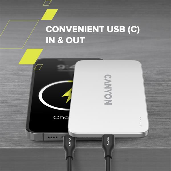 Canyon OnCharge 503, Powerbank, 3 000 mAh, in: USB-C 10W, out: USB-C 10W + Wireless 7.5W, ultratenká, hliníková, šedá 