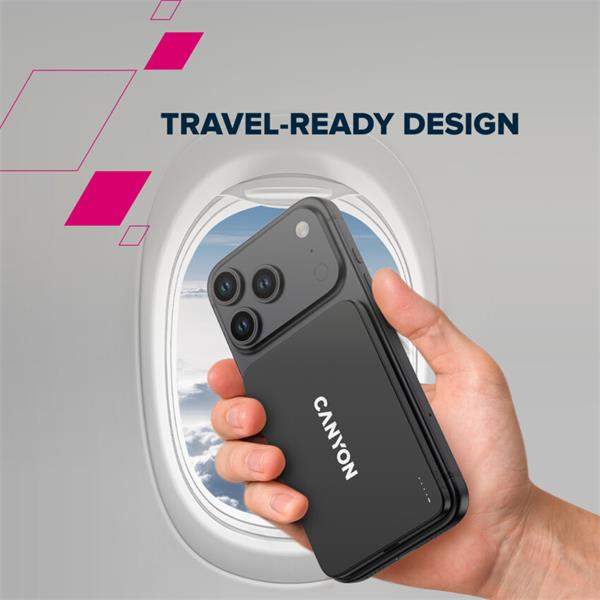 Canyon OnCharge 503, Powerbank, 3 000 mAh,in: USB-C 10W,out: USB-C 10W+Wireless 7.5W, ultratenká, hliníková, strieborná 