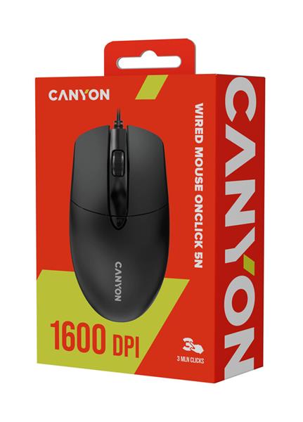 Canyon OnClick 5N, káblová symetrická optická myš, USB, 1600 dpi, 4 tlačidlá, čierna 