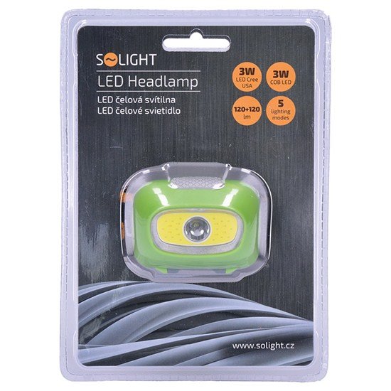 Solight LED čelové svietidlo, 3W Cree + 3W COB, 120lm, bílé + červené světlo, 3x AAA 