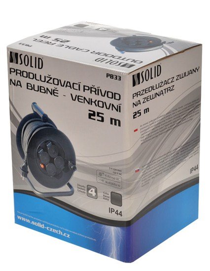 Solight prodlužovací přívod na bubnu,  4 zásuvky,  venkovní,  25m gumový kabel,  3x 1, 5mm2,  IP44 