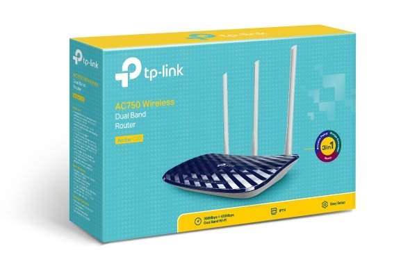 TP-LINK Archer C20v5 AC750 Dual-Band Wi-Fi Router, 433Mbps at 5GHz + 300Mbps at 2.4GHz, 5 10/100M Ports, 3  antennas 