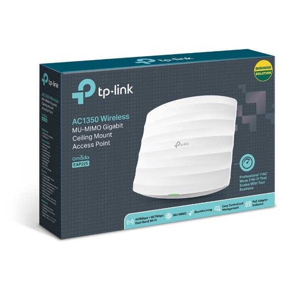 TP-LINK EAP225 AC1350 Dual Band Ceiling Mount Access Point, Qualcomm, 867Mbps at 5GHz + 450Mbps at 2.4GHz 