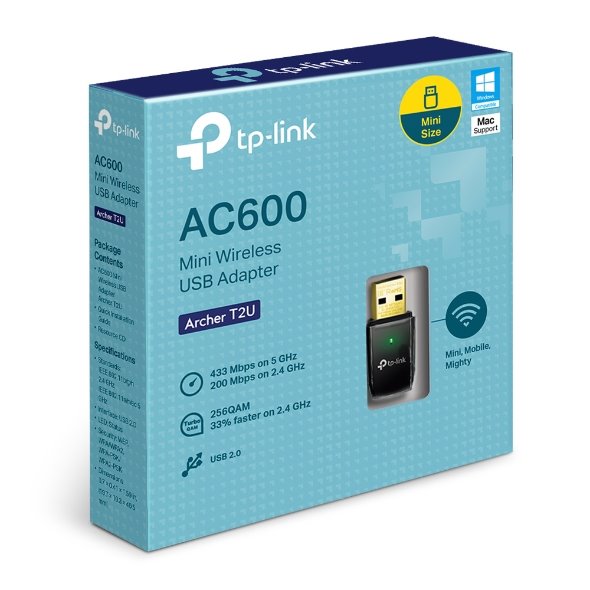 TP-LINK Archer T2U AC600 Wi-Fi USB Adapter, Mini Size, 433Mbps at 5GHz + 150Mbps at 2.4GHz, USB 2.0 