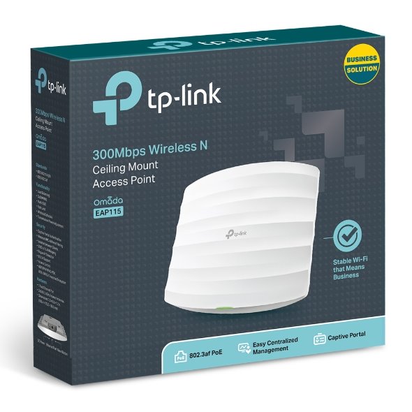 TP-LINK EAP115 2.4GHz N300 Ceiling Mount Access Point, Qualcomm, 1 10/100Mbps LAN, 802.3af PoE 