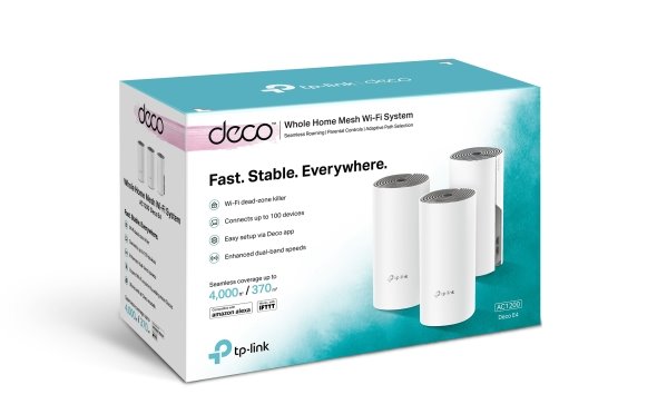 TP-LINK Deco E4(3-Pack) AC1200 Whole-Home Mesh Wi-Fi System, Qualcomm CPU, 867Mbps at 5GHz+300Mbps at 2.4GHz, 2 10/100Mb 