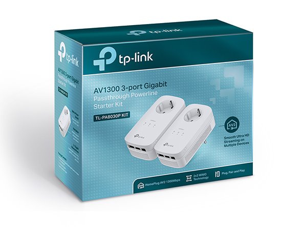 TP-LINK TL-PA8030PKIT AV1300 Passthrough Powerline KIT,Qualcomm, 3 Gigabit Ports, 1300Mbps Powerline , 2*2 MIMO 