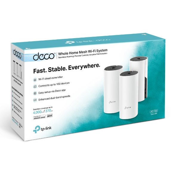 TP-LINK Deco M4(3-Pack) AC1200 Whole-Home Mesh Wi-Fi System, Qualcomm CPU, 867Mbps at 5GHz+300Mbps at 2.4GHz 