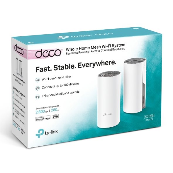 TP-LINK Deco E4(1-Pack) AC1200 Whole-Home Mesh Wi-Fi System, Qualcomm CPU, 867Mbps at 5GHz+300Mbps at 2.4GHz, 2 10/100Mb 