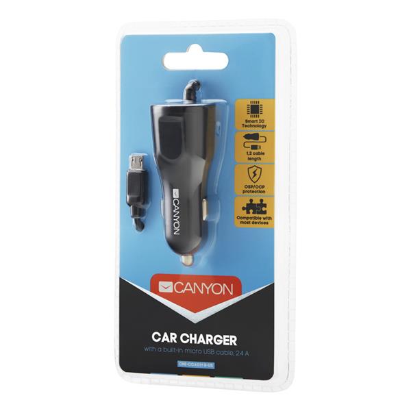 Canyon C-031, univerzálna autonabíjačka, 1x USB, výstup 5V/2,4A, Smart IC, integrovaný kábel microUSB, čierna  