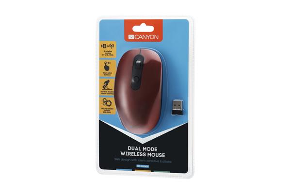 Canyon MW-9, 2v1 bezdrôtová optická myš Bluetooth / Wireless USB, 800/1000/1200/1500 DPI, 6 tlač, červená 