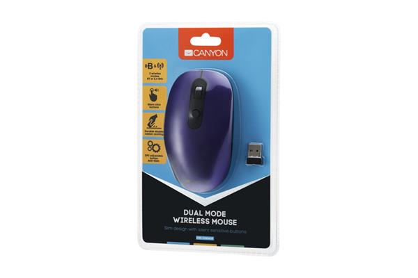 Canyon MW-9, 2v1 bezdrôtová optická myš Bluetooth / Wireless USB, 800/1000/1200/1500 DPI, 6 tlač, fialová 