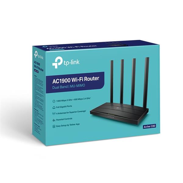 TP-LINK Archer C80 AC1900 Dual-Band Wi-Fi Router, 1300Mbps at 5GHz + 600Mbps at 2.4GHz,   5 Gigabit Ports, 4 antennas 